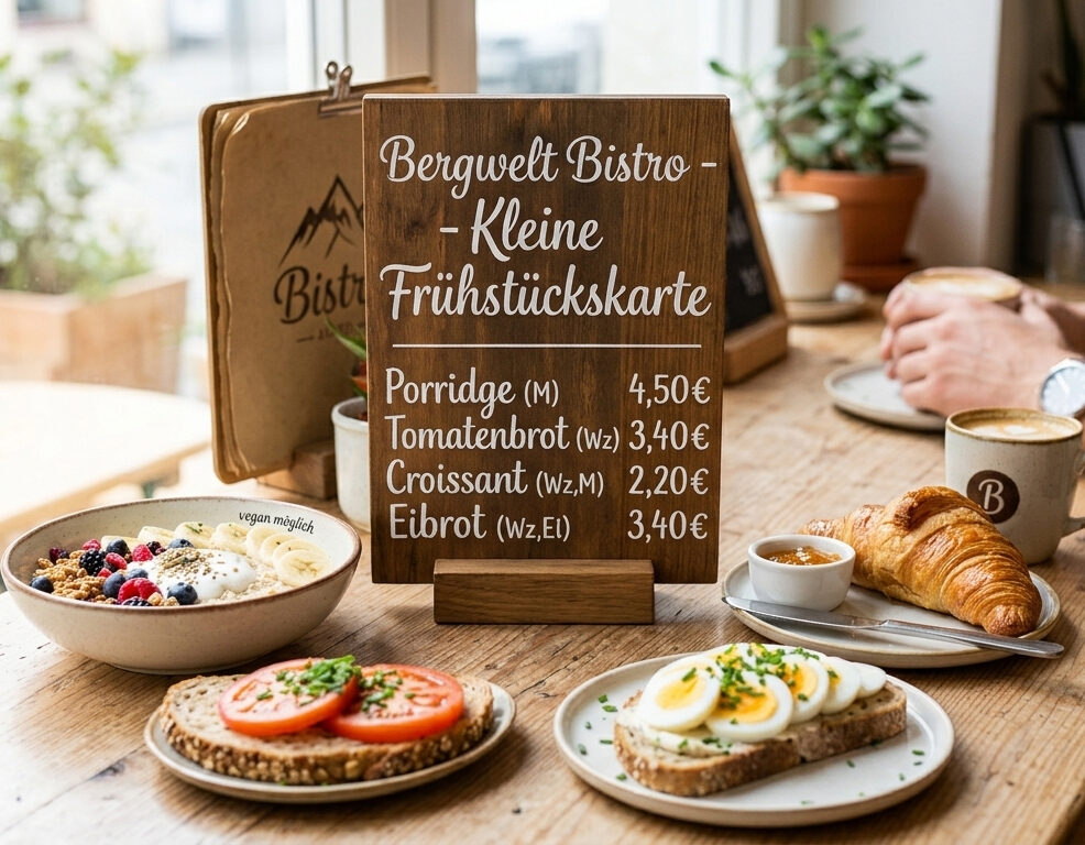 Das Bergweltbistro hält jetzt für alle Frühaufsteher*innen auch eine Frühstückskarte bereit. Foto: KI generiert